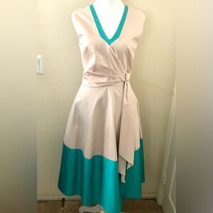 Karen Millen Cream and Teal Asymmetrical Dress